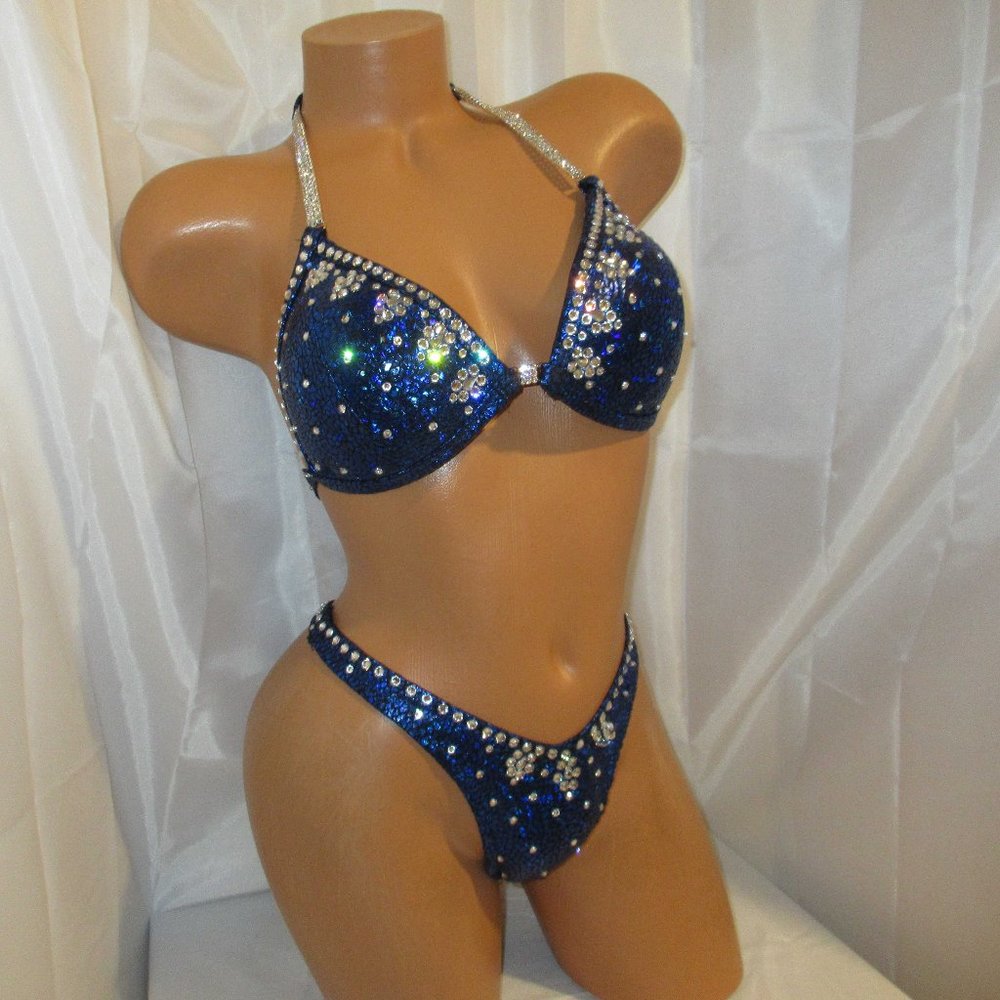 Navy Blue Sequin Embellished Bikini Set - Sparkle Halter Top & Matching Bottom